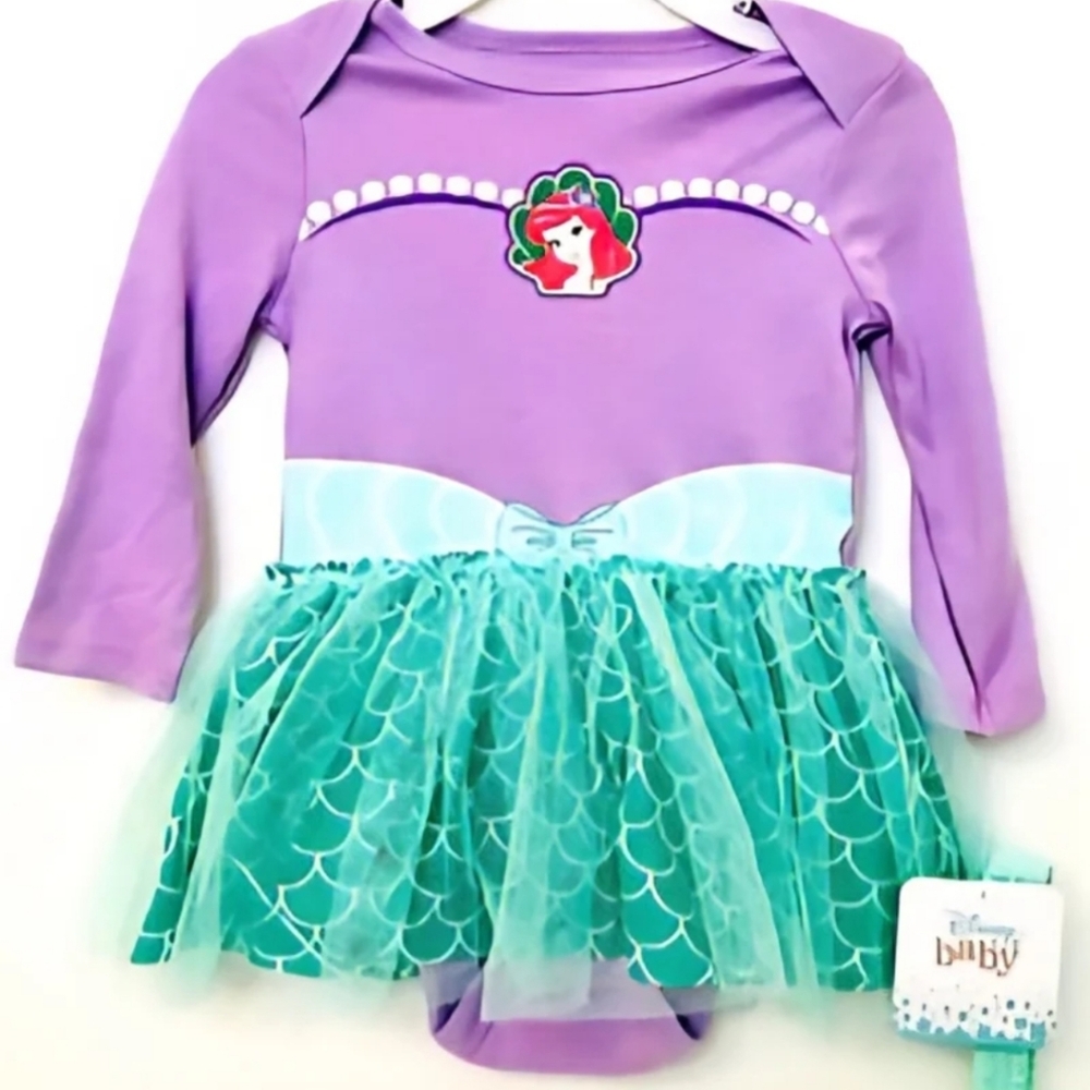 New Disney Ariel Little Mermaid Baby Onesie With Tulle Skirt & Headband 12 Mo.